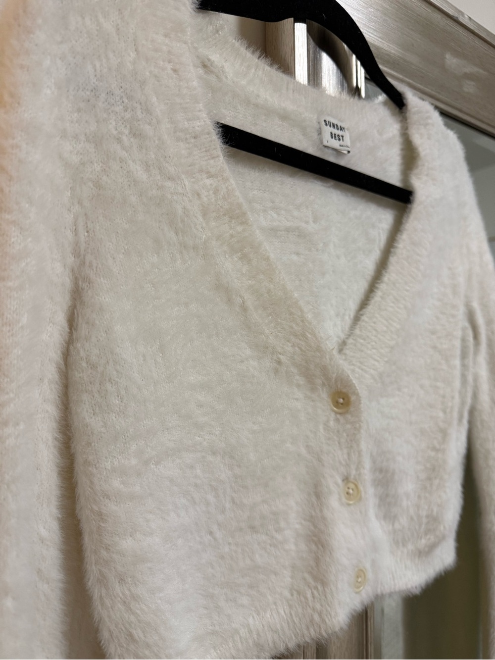 Sunday Best Cream Fuzzy V-Neck Button Crop Cardigan
